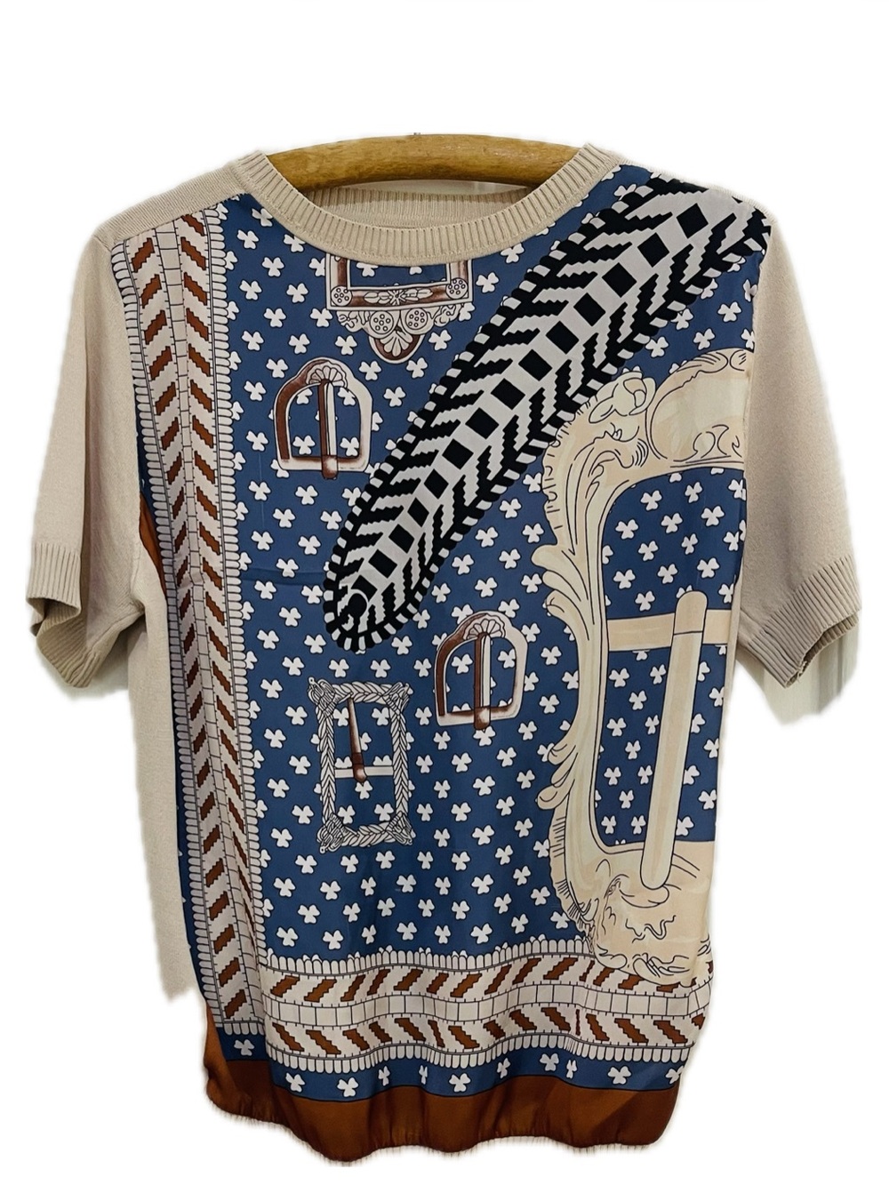 Designer Inspired Beige and Blue Scarf Short-Sleeve Sweater
